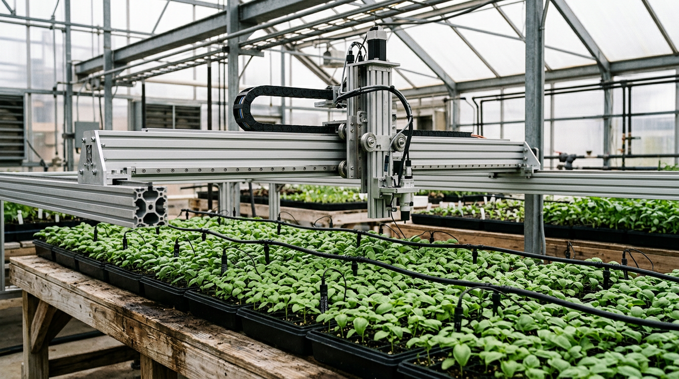 Overhead gantry rails and carriage above a wooden bench with young basil in trays